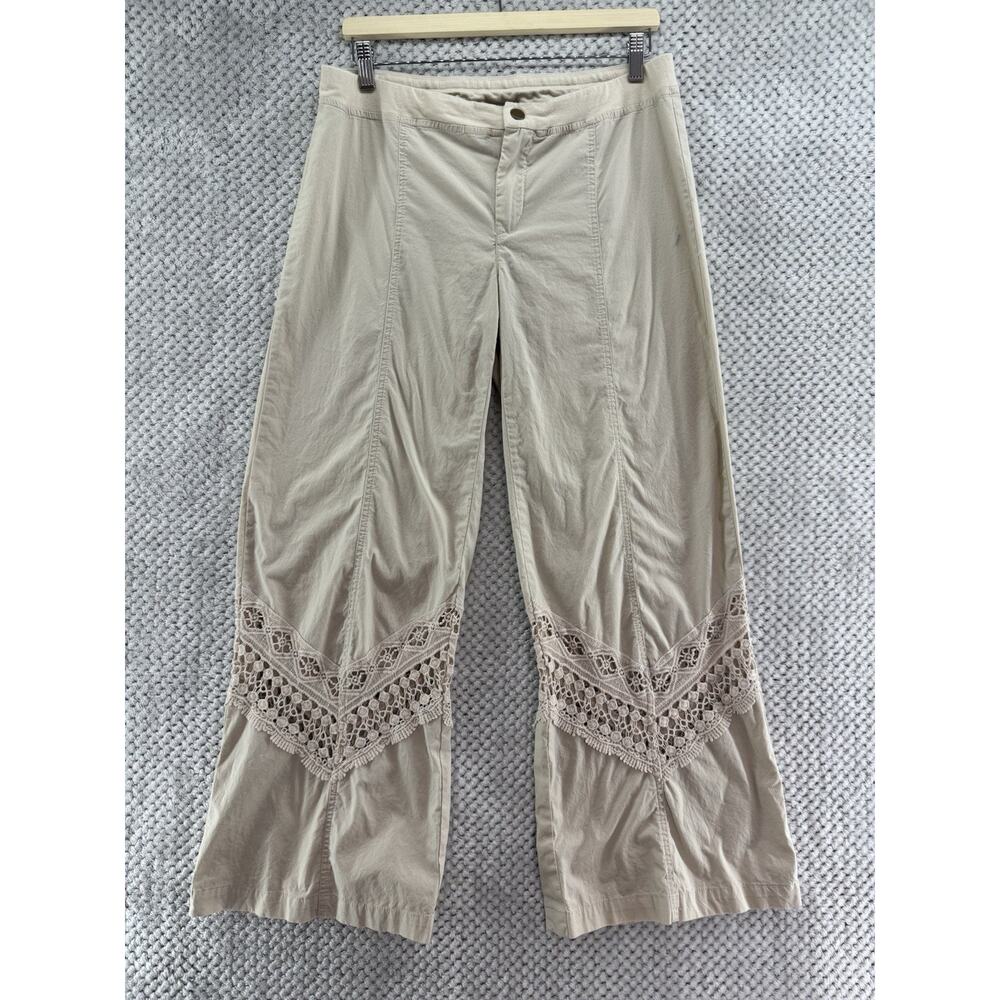 XCVI Pants Women L Beige Straight Leg Crochet Lace Boho Zip Button Elastic Waist